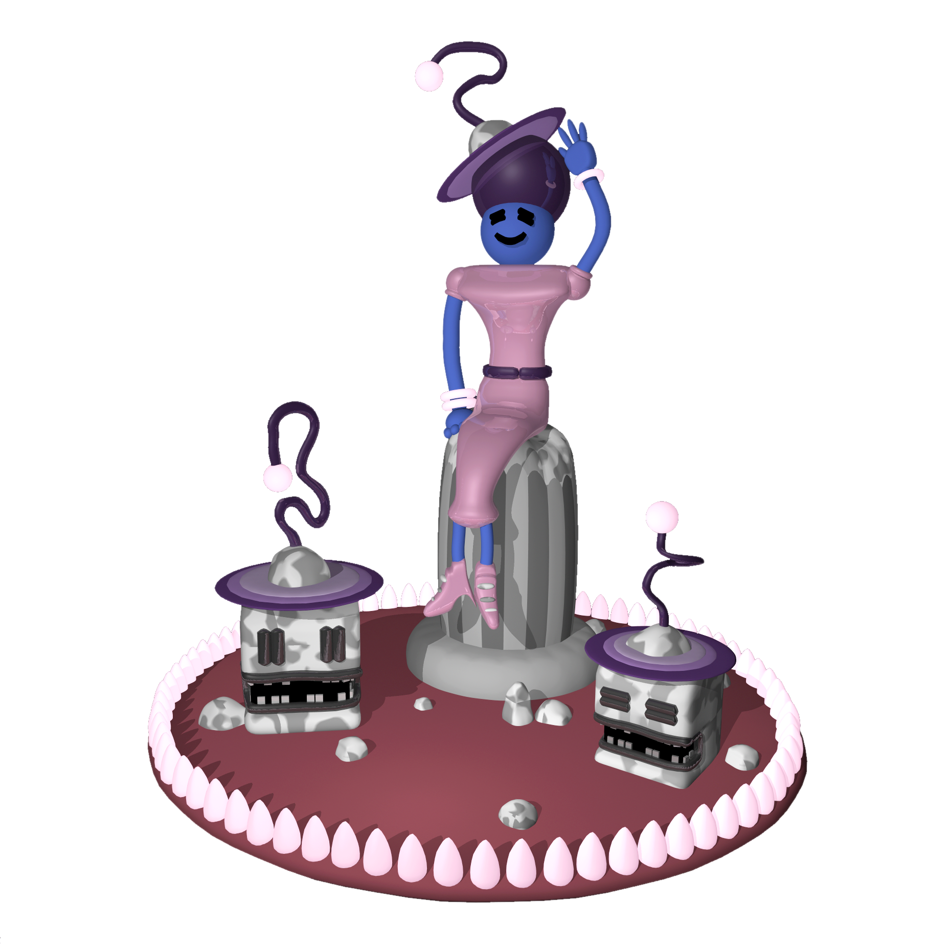 3D character with dark blue skin, and a pink dress sitting on a broken column and waving